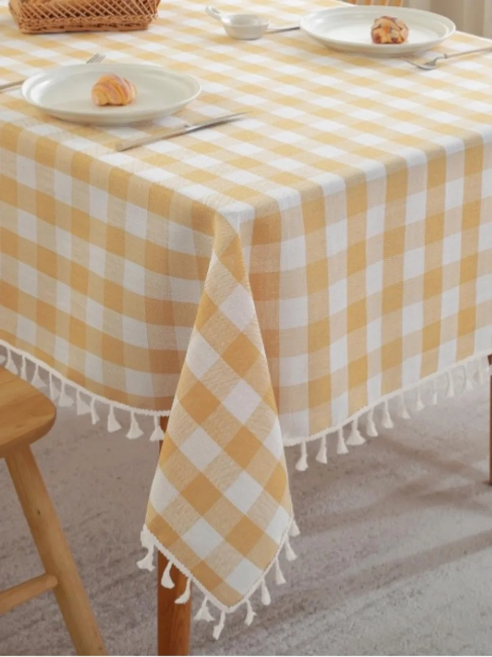 BUFFALO Checkered Gingham Tablecloth Tassel Trim Cotton SQUARE 55x55” YELLOW